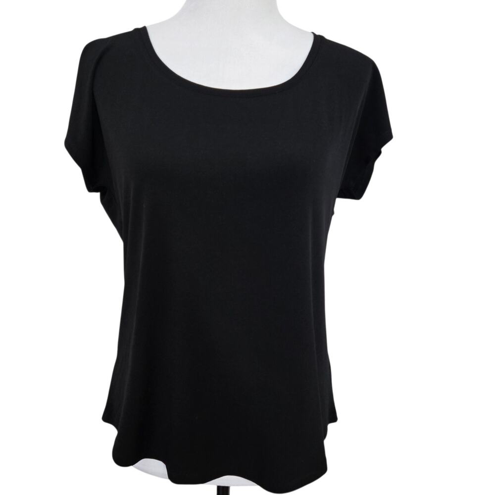By Chicos size 1 Classic T-Shirt Top Cap Sleeve Black Medium Stretch Fit
